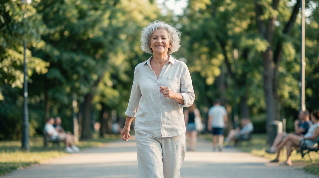 Boldog 60 év körüli hölgy sétál a parkban